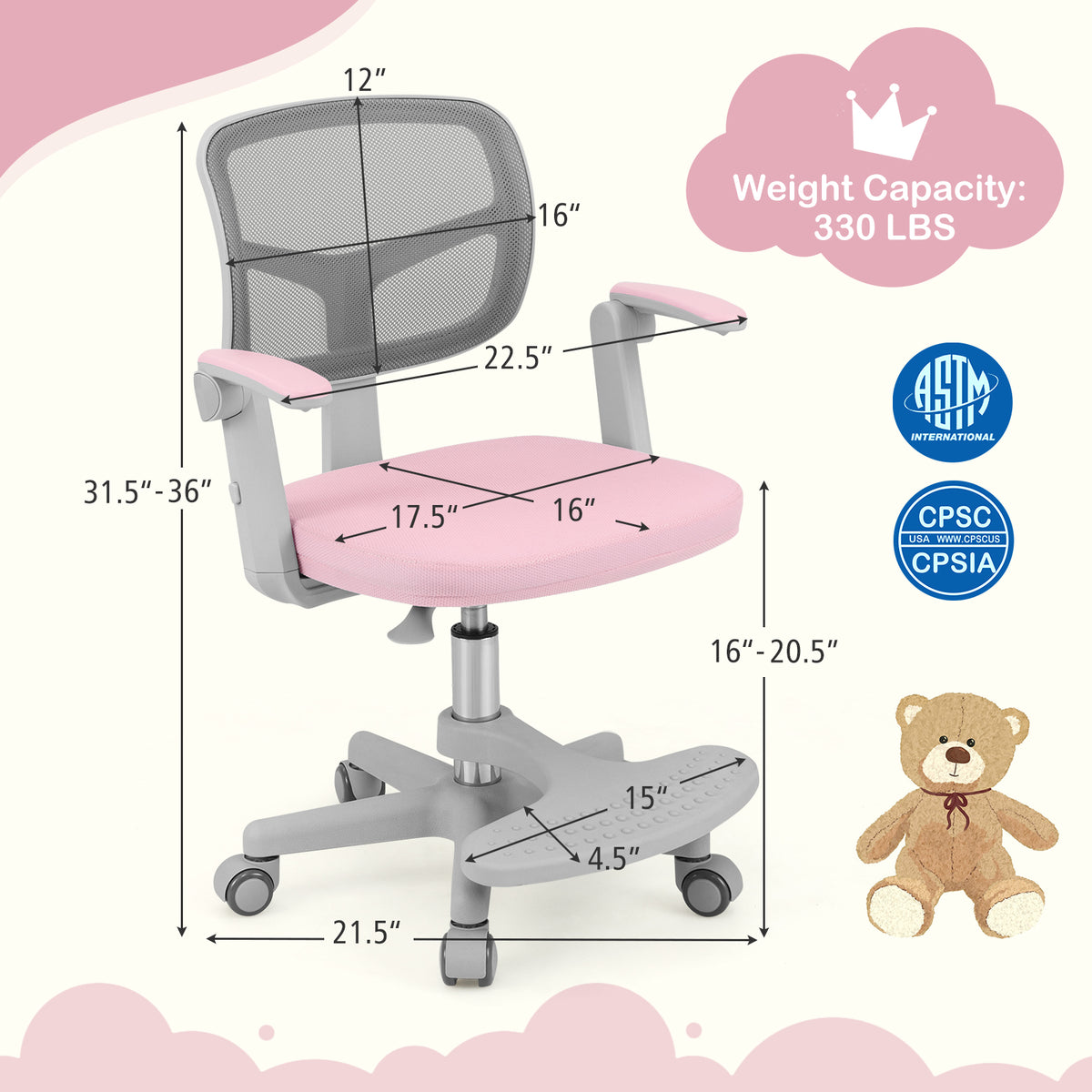 Kids Desk Chair with Footrest & Adjustable Height - Pink Study Chair for Children