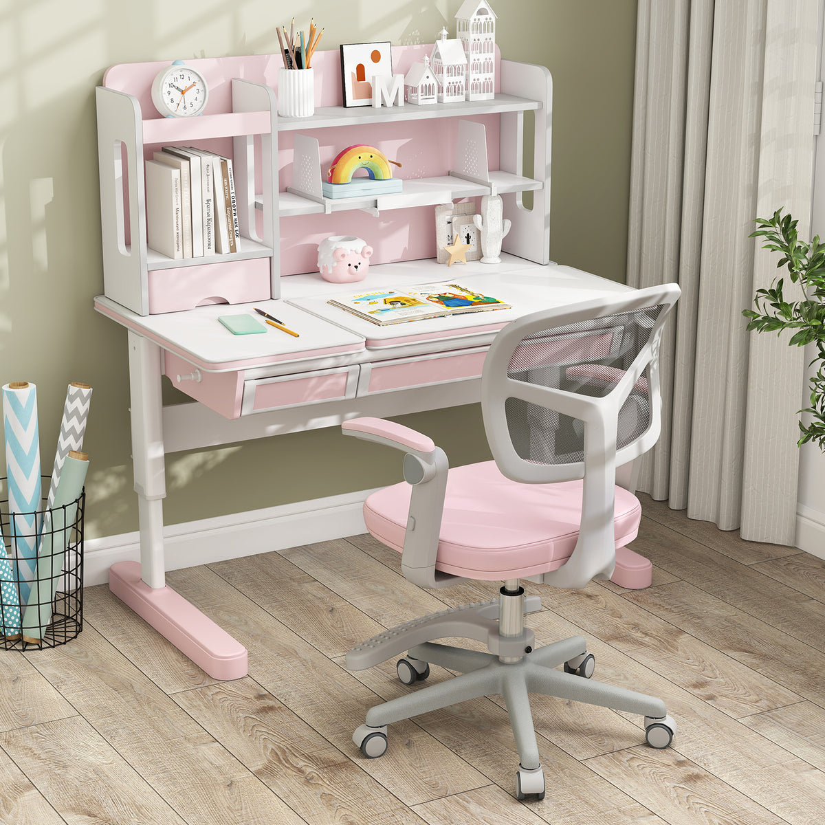 Kids Desk Chair with Footrest & Adjustable Height - Pink Study Chair for Children