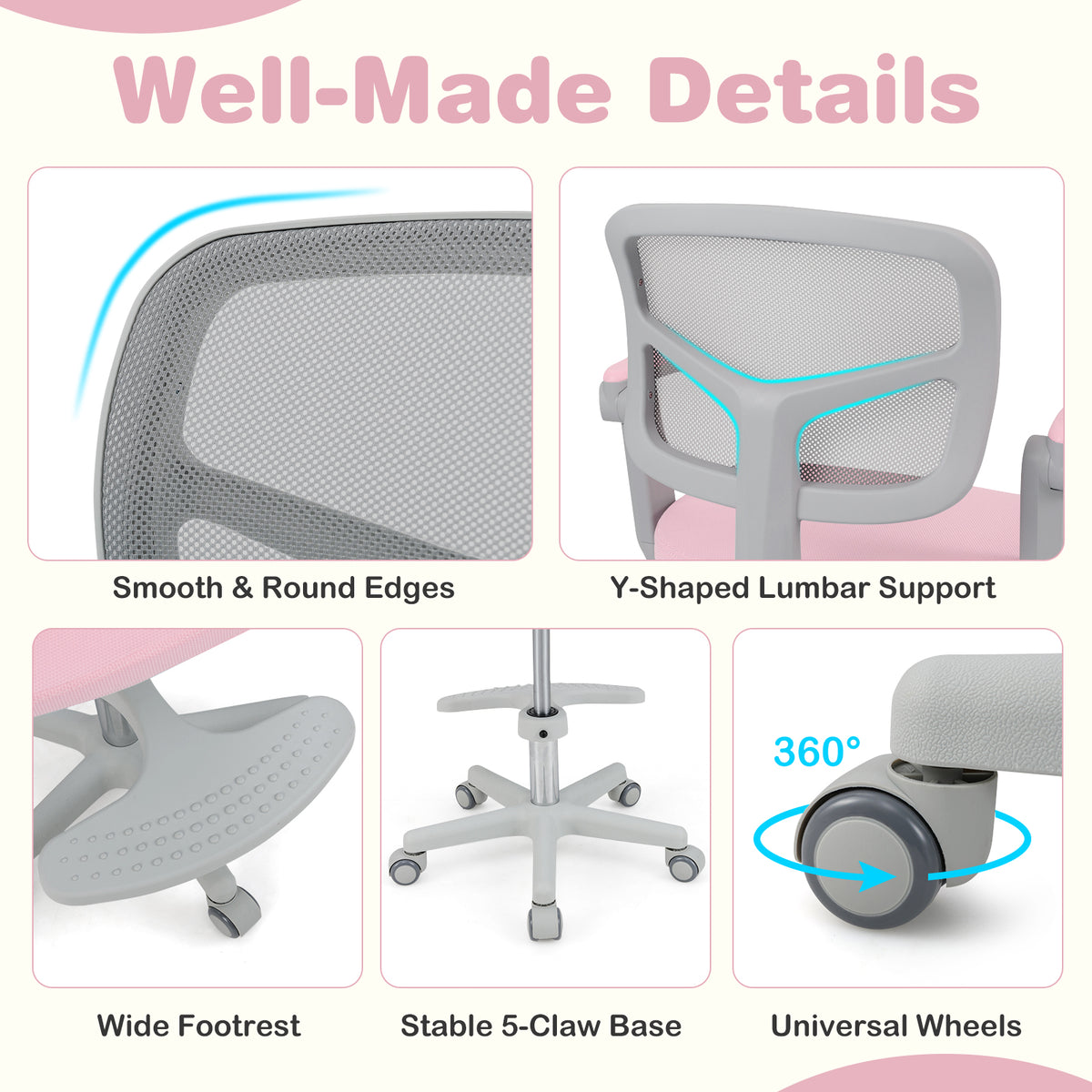Kids Desk Chair with Footrest & Adjustable Height - Pink Study Chair for Children