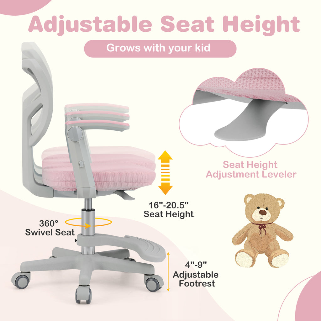 Kids Desk Chair with Footrest & Adjustable Height - Pink Study Chair for Children
