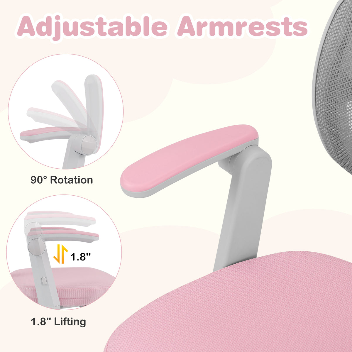 Kids Desk Chair with Footrest & Adjustable Height - Pink Study Chair for Children