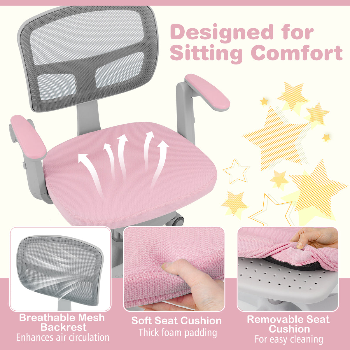 Kids Desk Chair with Footrest & Adjustable Height - Pink Study Chair for Children