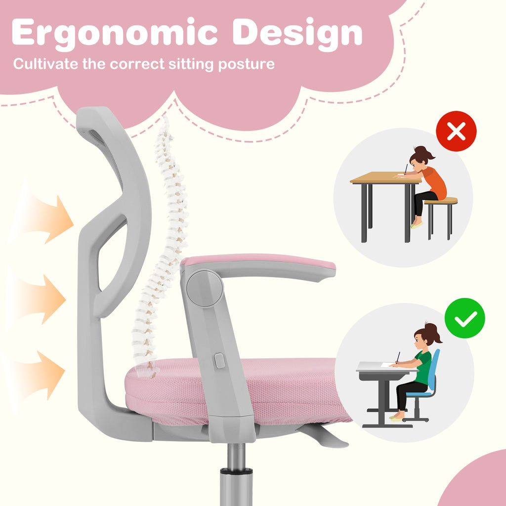 Kids Desk Chair with Footrest & Adjustable Height - Pink Study Chair for Children