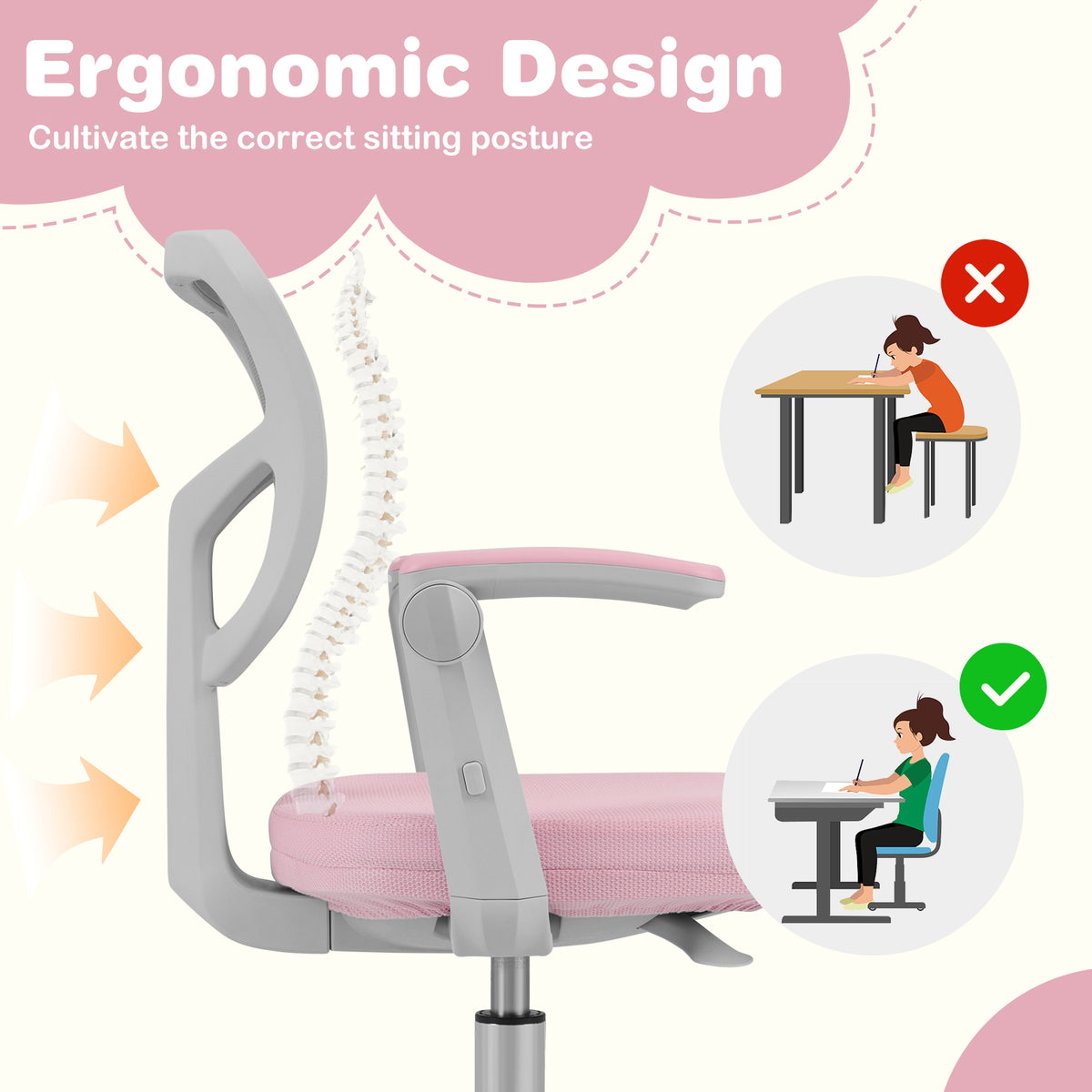 Kids Desk Chair with Footrest & Adjustable Height - Pink Study Chair for Children