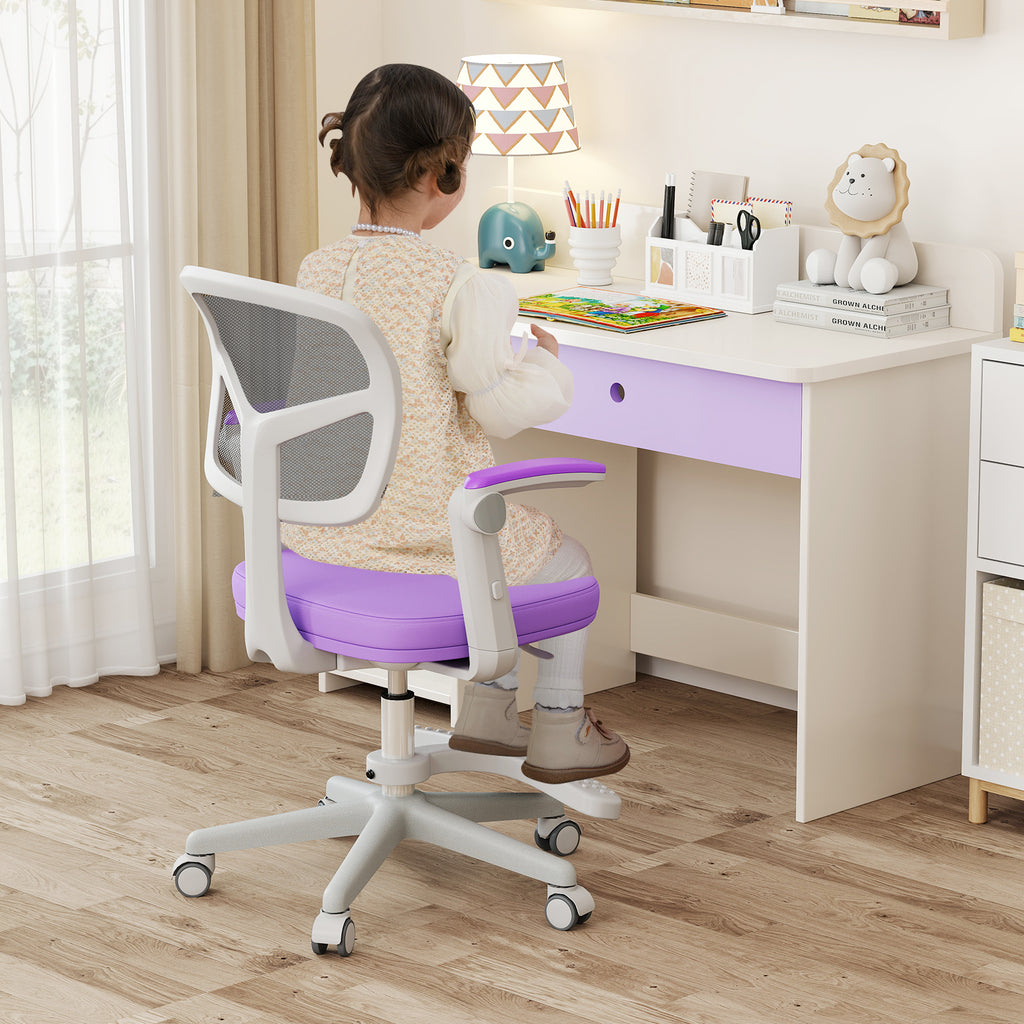 Kids Study Desk Chair with Adjustable Height Footrest & Armrest - Purple, Costway