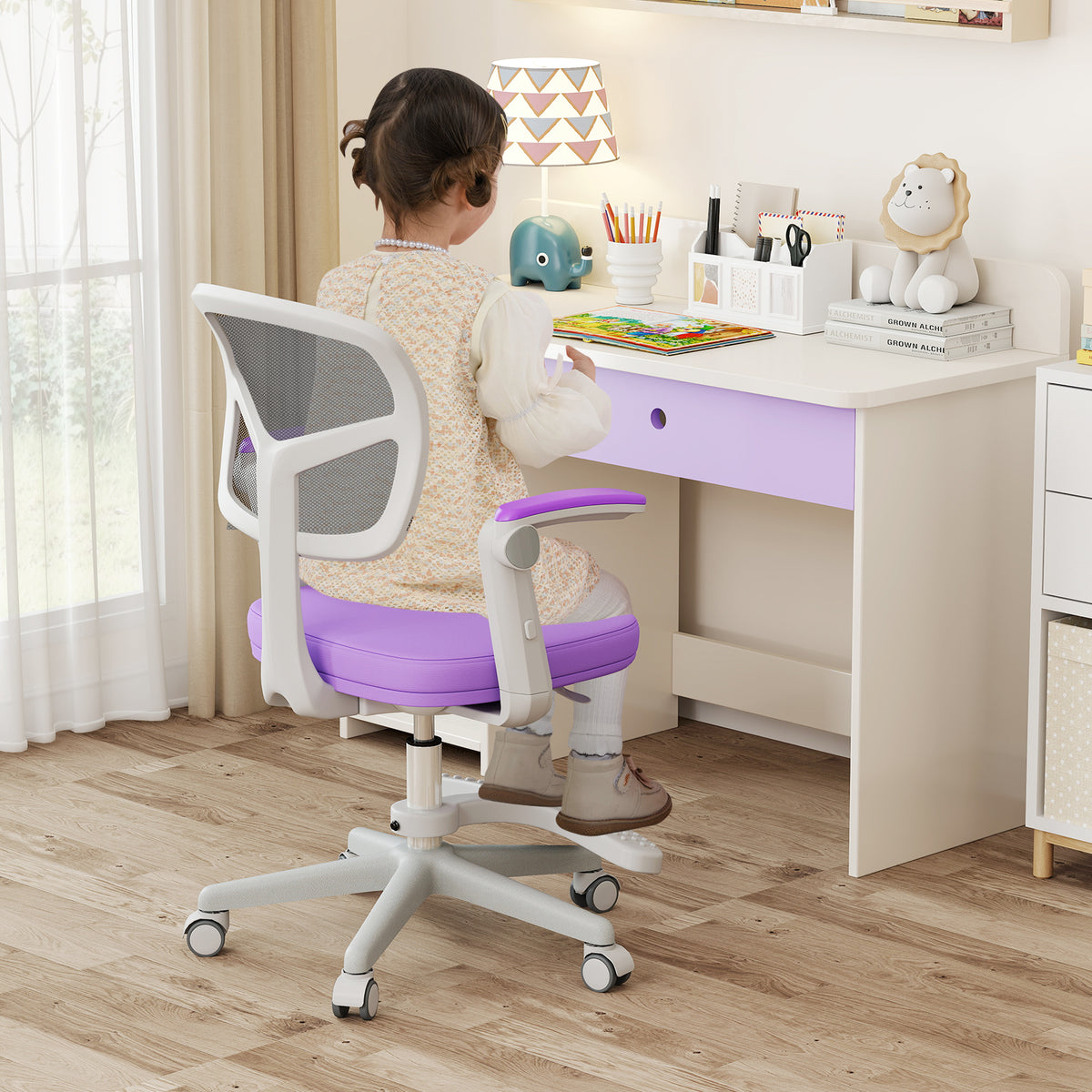 Kids Study Desk Chair with Adjustable Height Footrest & Armrest - Purple, Costway