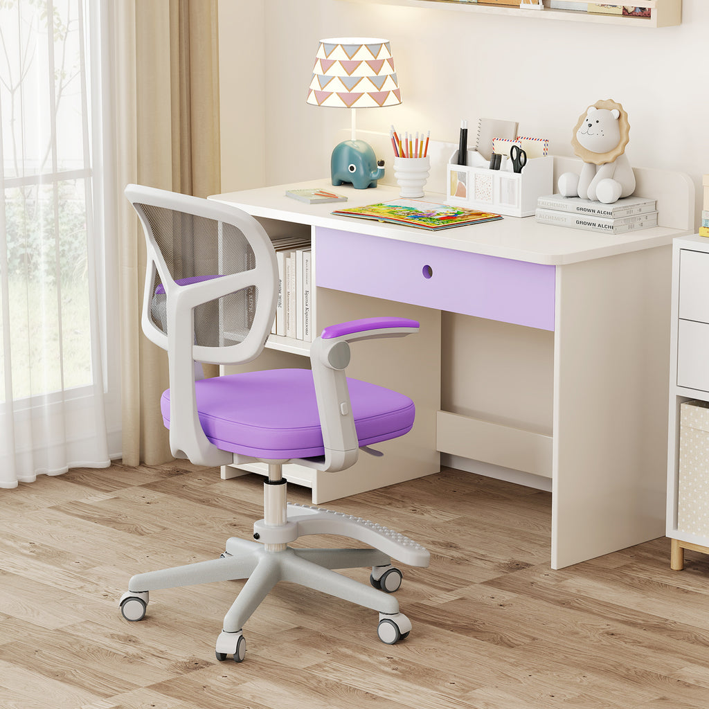 Kids Study Desk Chair with Adjustable Height Footrest & Armrest - Purple, Costway