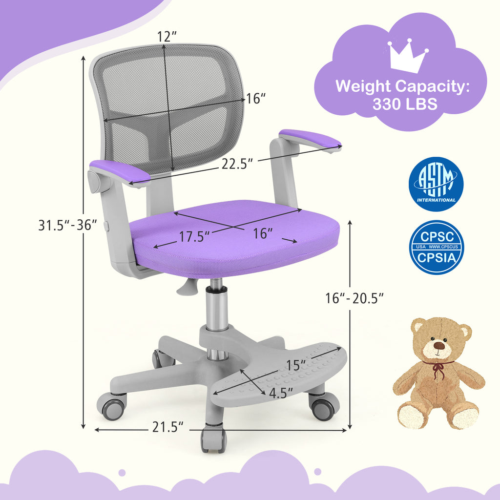Kids Study Desk Chair with Adjustable Height Footrest & Armrest - Purple, Costway