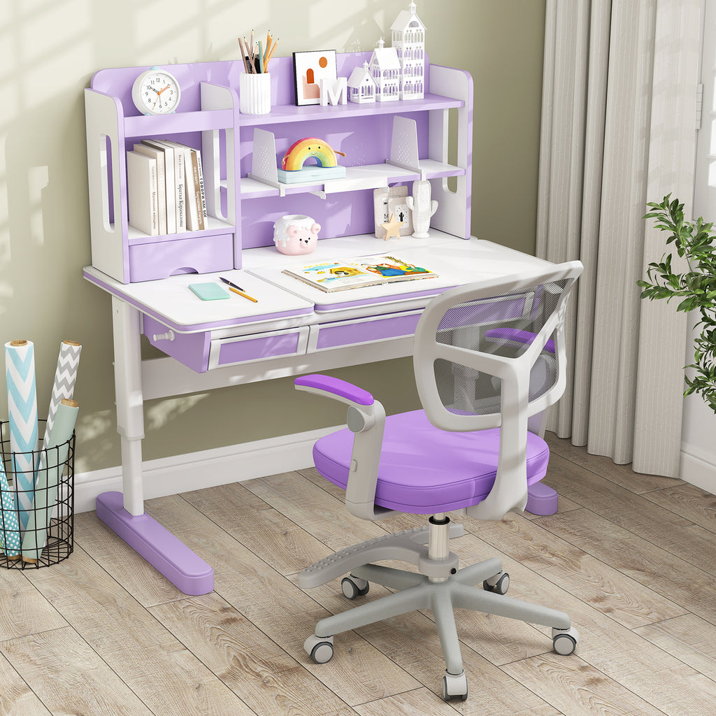 Kids Study Desk Chair with Adjustable Height Footrest & Armrest - Purple, Costway