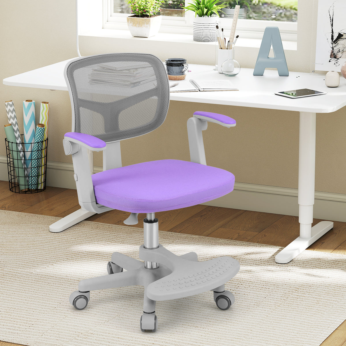 Kids Study Desk Chair with Adjustable Height Footrest & Armrest - Purple, Costway