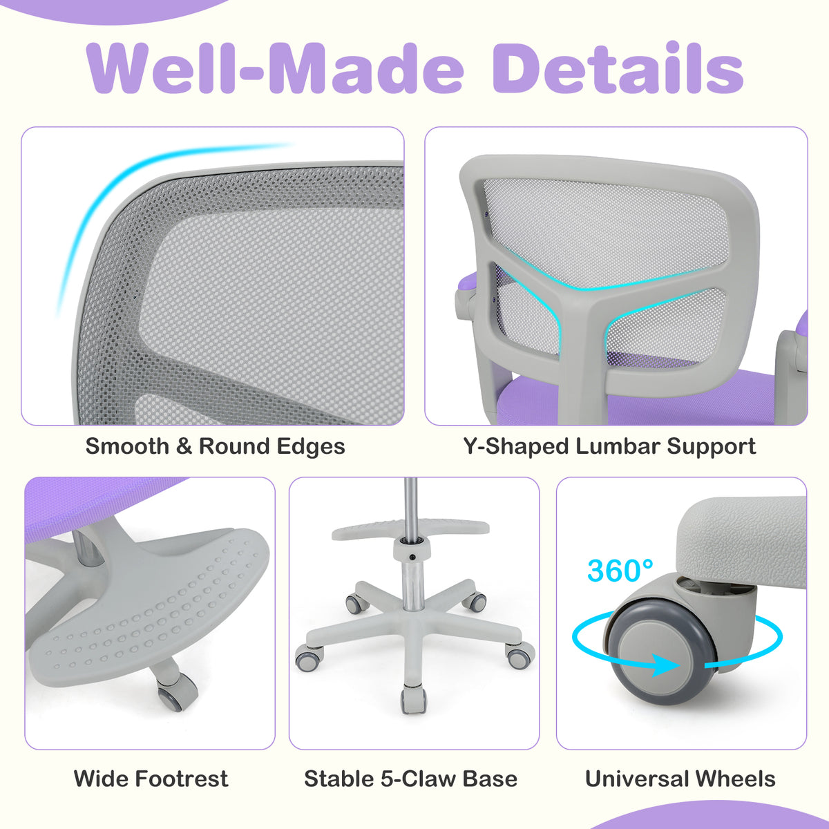 Kids Study Desk Chair with Adjustable Height Footrest & Armrest - Purple, Costway