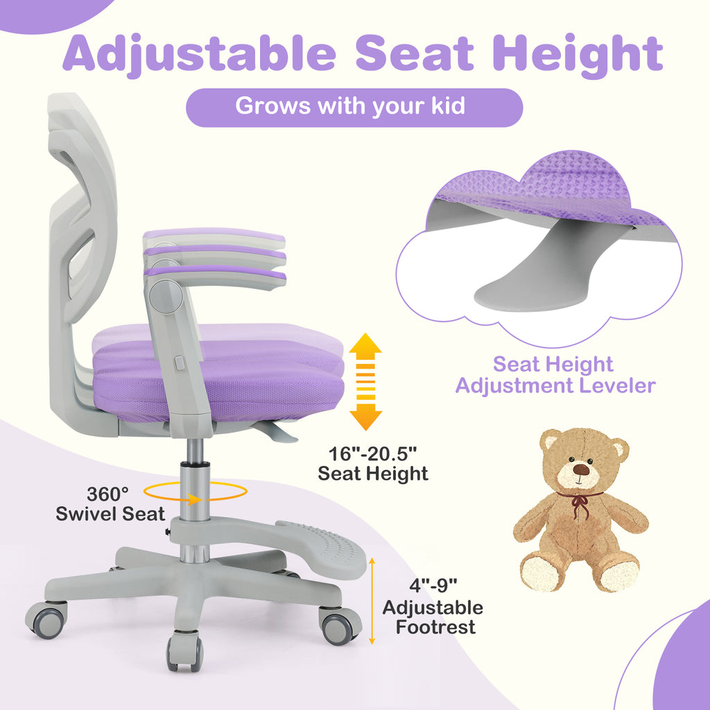 Kids Study Desk Chair with Adjustable Height Footrest & Armrest - Purple, Costway