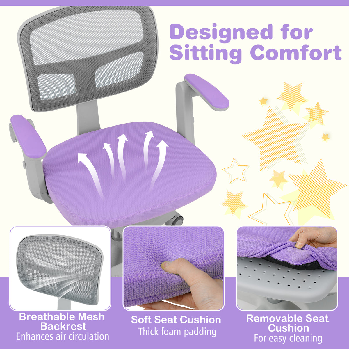 Kids Study Desk Chair with Adjustable Height Footrest & Armrest - Purple, Costway
