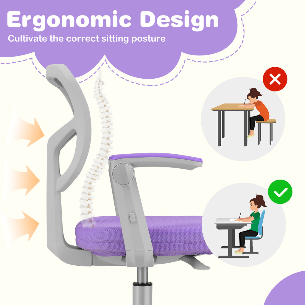 Kids Study Desk Chair with Adjustable Height Footrest & Armrest - Purple, Costway
