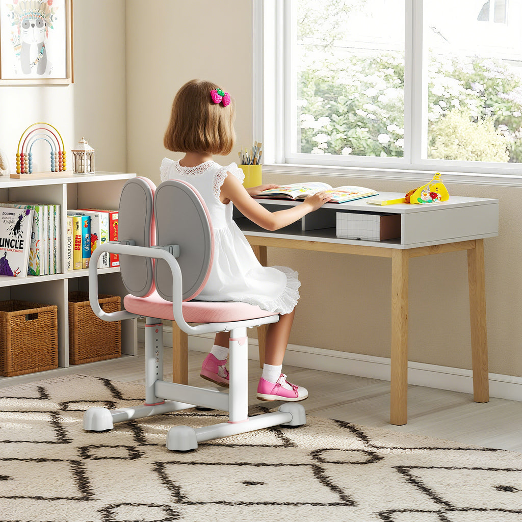Kids Study Desk Chair with Dual Support Backrest & Adjustable Height - Pink