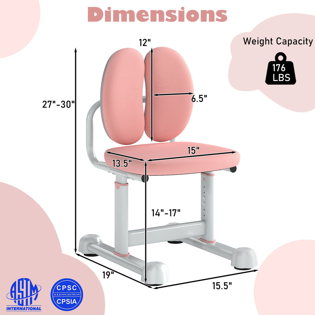 Kids Study Desk Chair with Dual Support Backrest & Adjustable Height - Pink