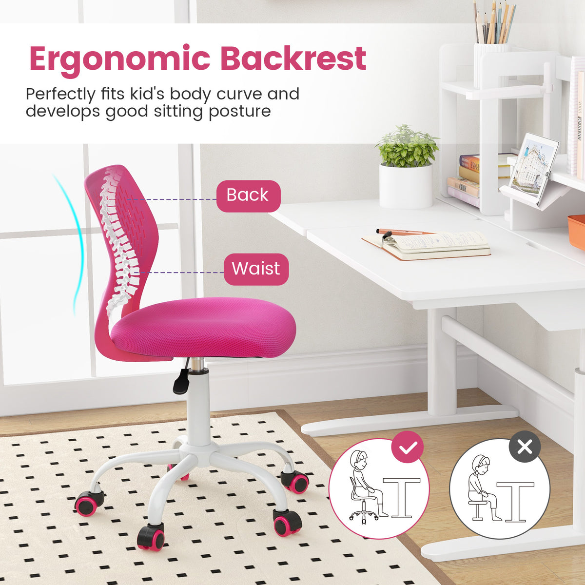 Children's Ergonomic Study Chair with Pink Height Adjustment 16.5-21 Inches