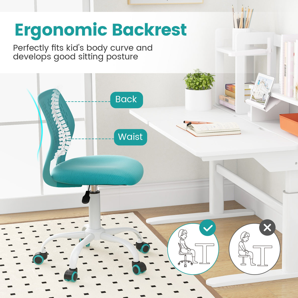 Kids Ergonomic Study Chair with Adjustable Height, Turquoise, 16.5-21 Inches