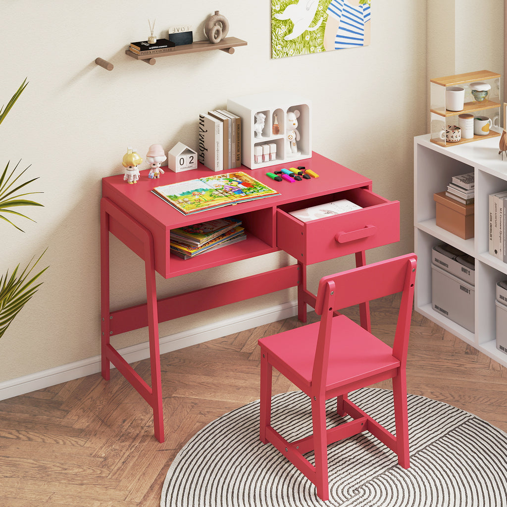 Kids Desk and Chair Set with Storage Drawer and Hutch - Pink