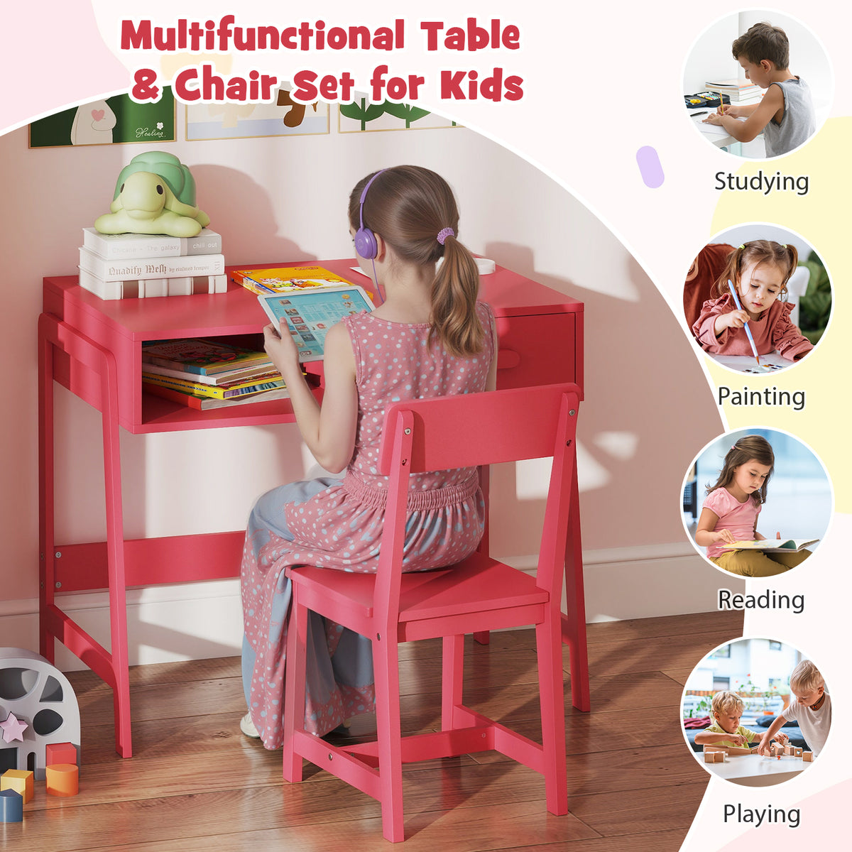 Kids Desk and Chair Set with Storage Drawer and Hutch - Pink