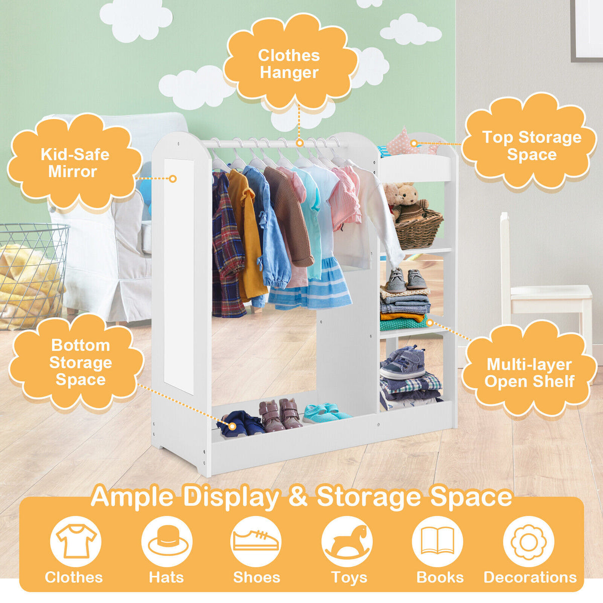 Kids Wardrobe Closet with Mirror - White, Style 1, 39.5 Inches