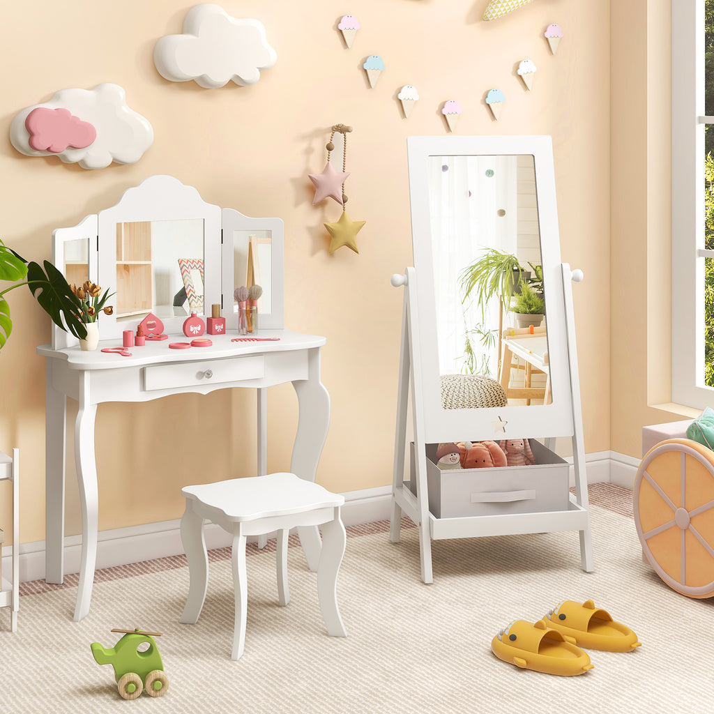 Kids Full Length Rotatable Dressing Mirror with Storage Bin - White