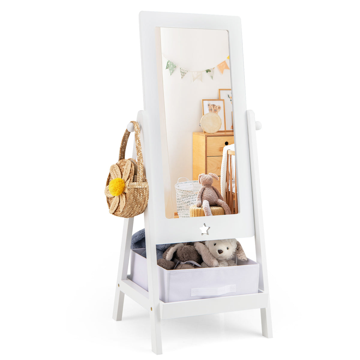 Kids Full Length Rotatable Dressing Mirror with Storage Bin - White