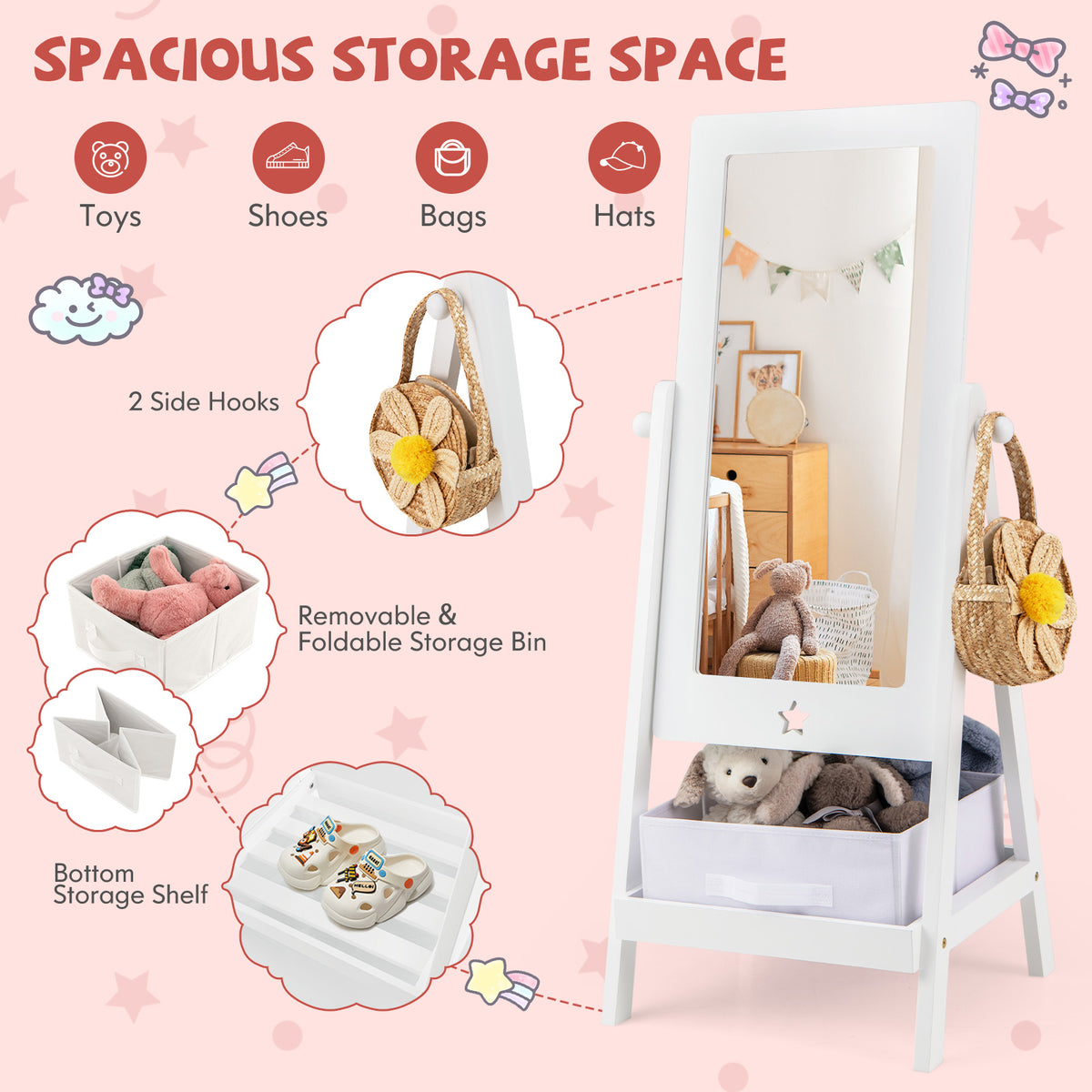 Kids Full Length Rotatable Dressing Mirror with Storage Bin - White