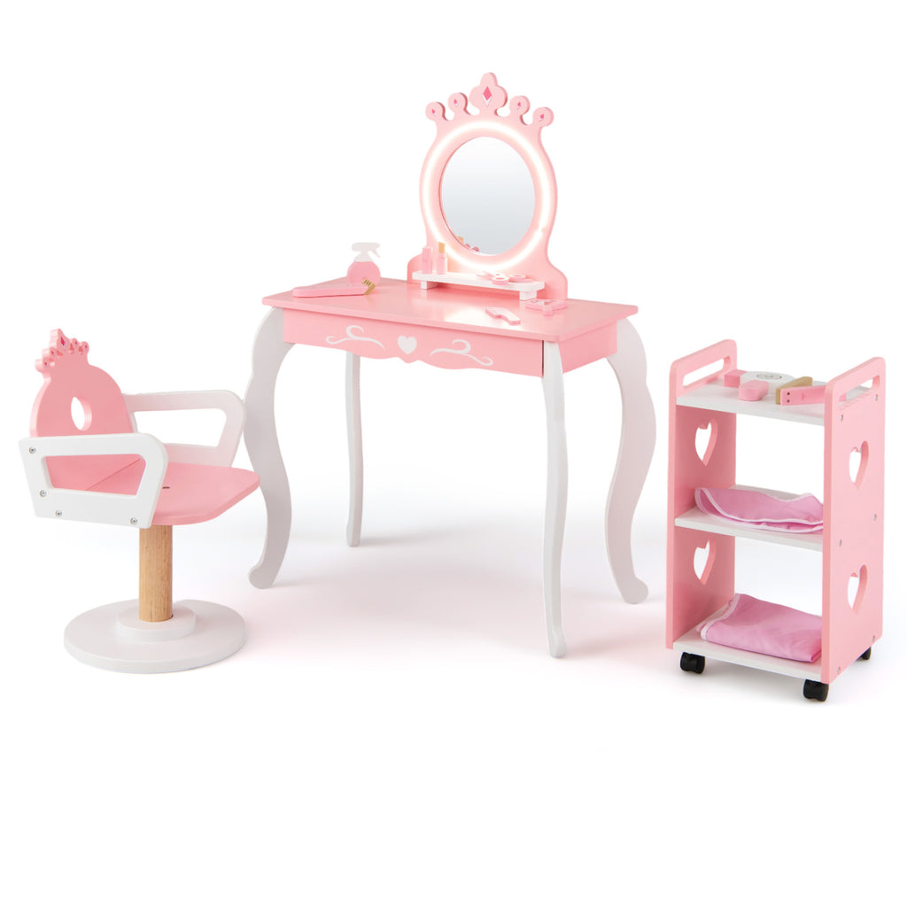 Kids Hair Salon Play Set with LED Lighted Mirror - Pink, Pretend Hairdressing Station with Swivel Chair