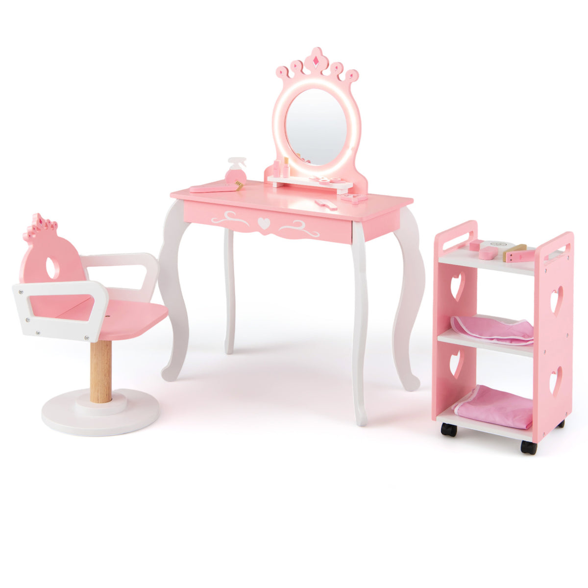 Kids Hair Salon Play Set with LED Lighted Mirror - Pink, Pretend Hairdressing Station with Swivel Chair