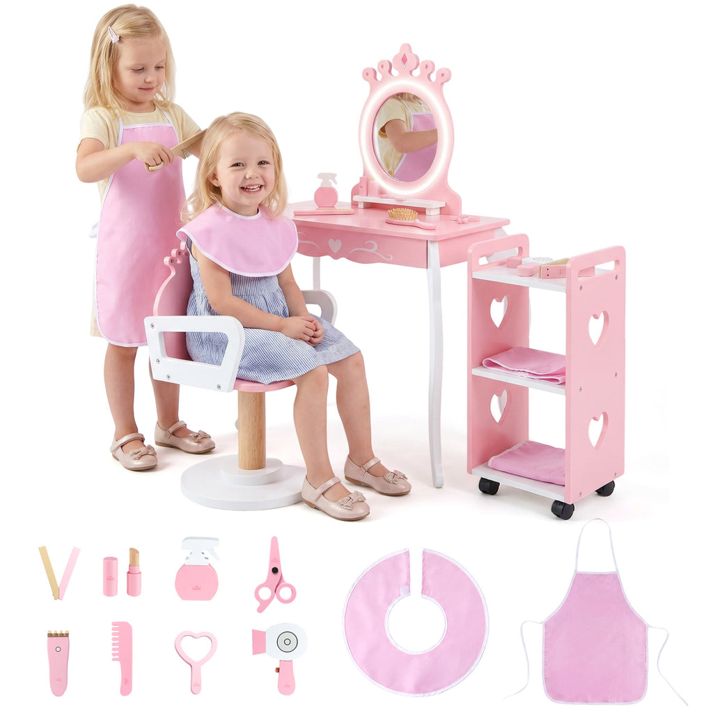 Kids Hair Salon Play Set with LED Lighted Mirror - Pink, Pretend Hairdressing Station with Swivel Chair