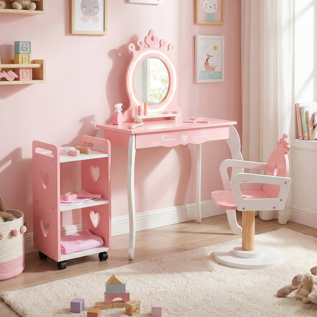 Kids Hair Salon Play Set with LED Lighted Mirror - Pink, Pretend Hairdressing Station with Swivel Chair