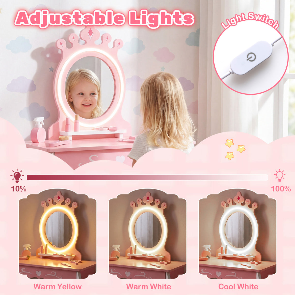 Kids Hair Salon Play Set with LED Lighted Mirror - Pink, Pretend Hairdressing Station with Swivel Chair