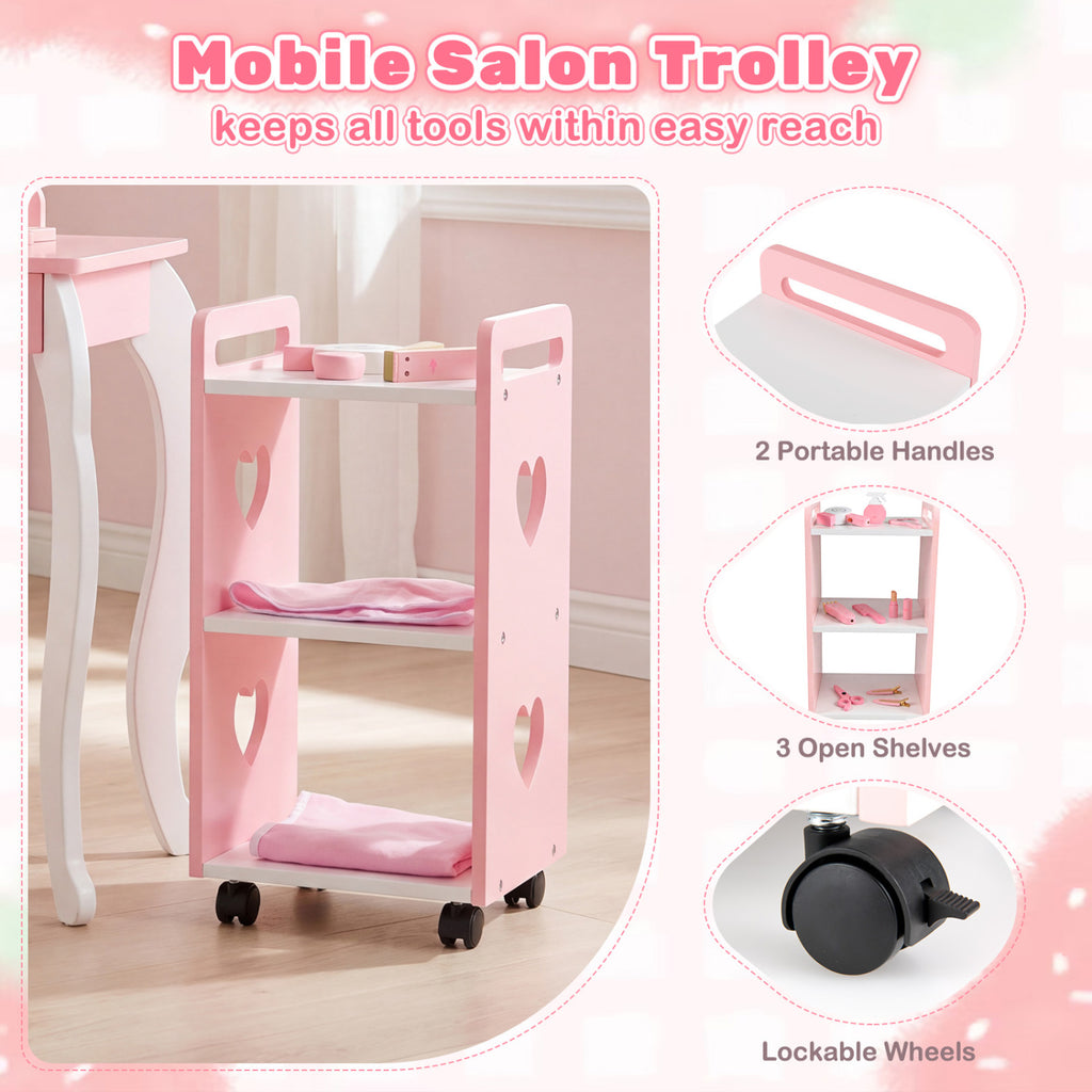 Kids Hair Salon Play Set with LED Lighted Mirror - Pink, Pretend Hairdressing Station with Swivel Chair
