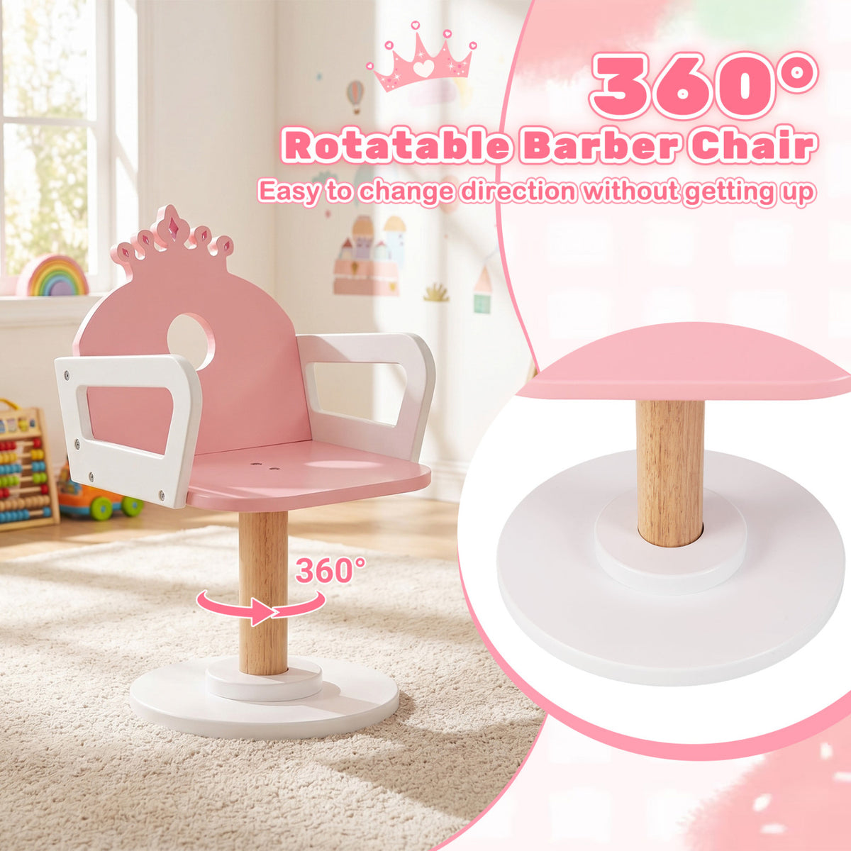 Kids Hair Salon Play Set with LED Lighted Mirror - Pink, Pretend Hairdressing Station with Swivel Chair