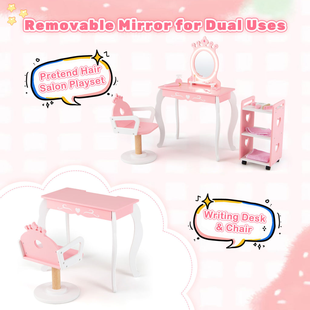 Kids Hair Salon Play Set with LED Lighted Mirror - Pink, Pretend Hairdressing Station with Swivel Chair