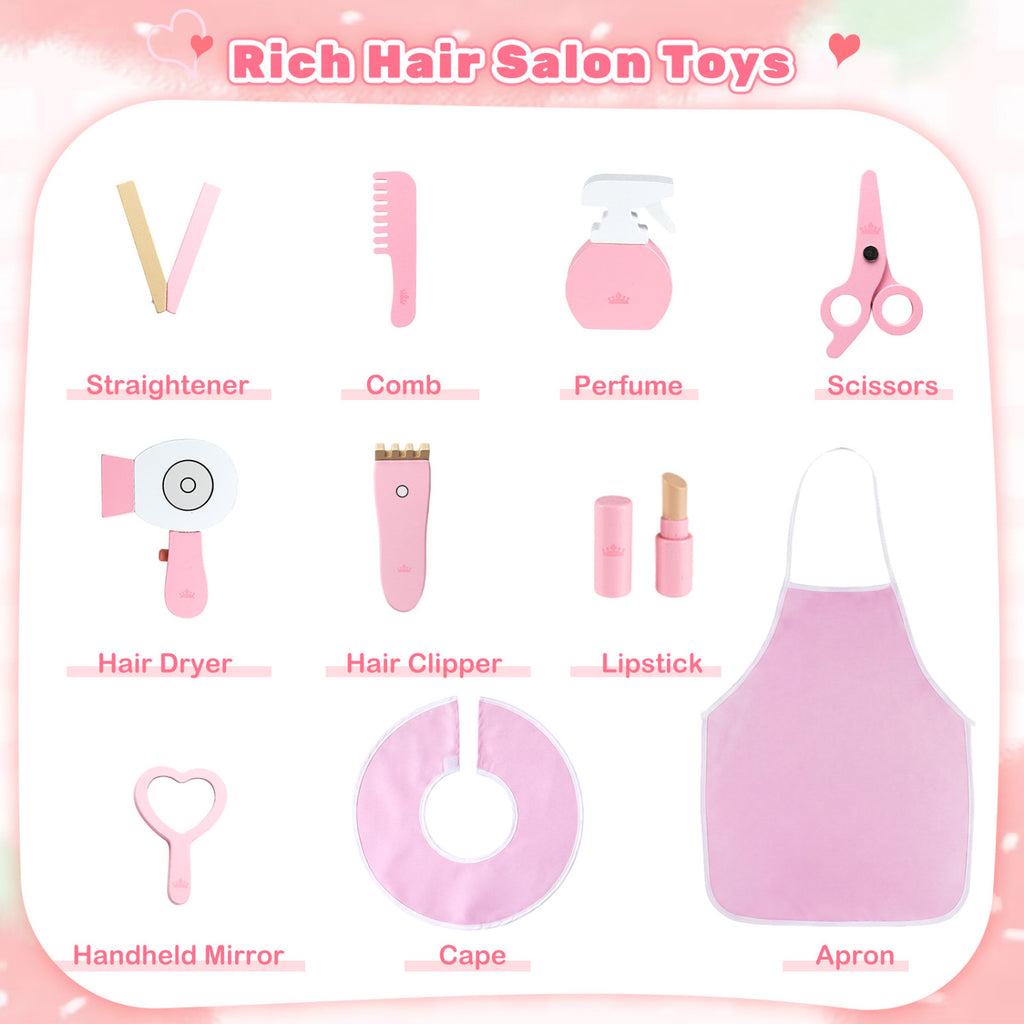 Kids Hair Salon Play Set with LED Lighted Mirror - Pink, Pretend Hairdressing Station with Swivel Chair