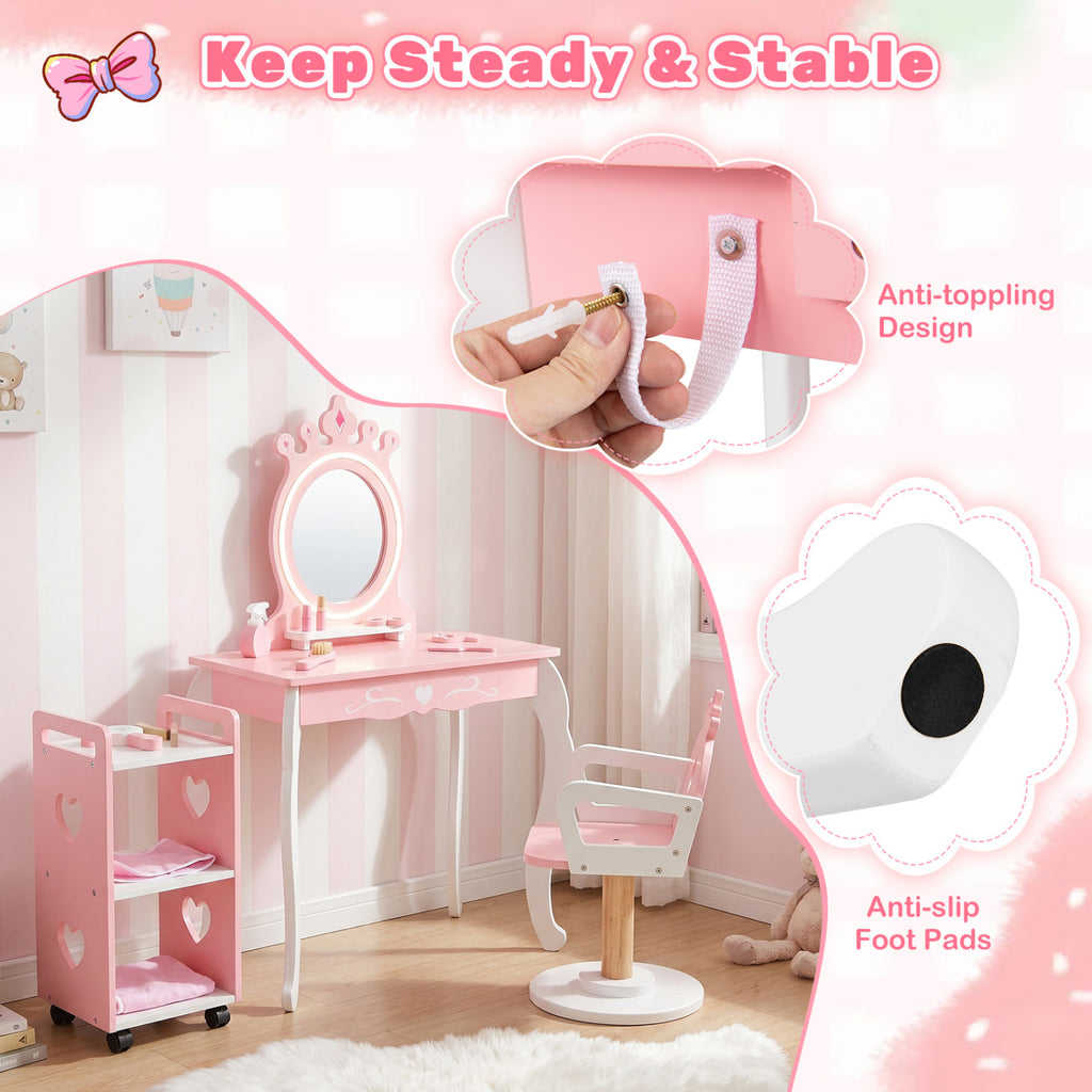 Kids Hair Salon Play Set with LED Lighted Mirror - Pink, Pretend Hairdressing Station with Swivel Chair