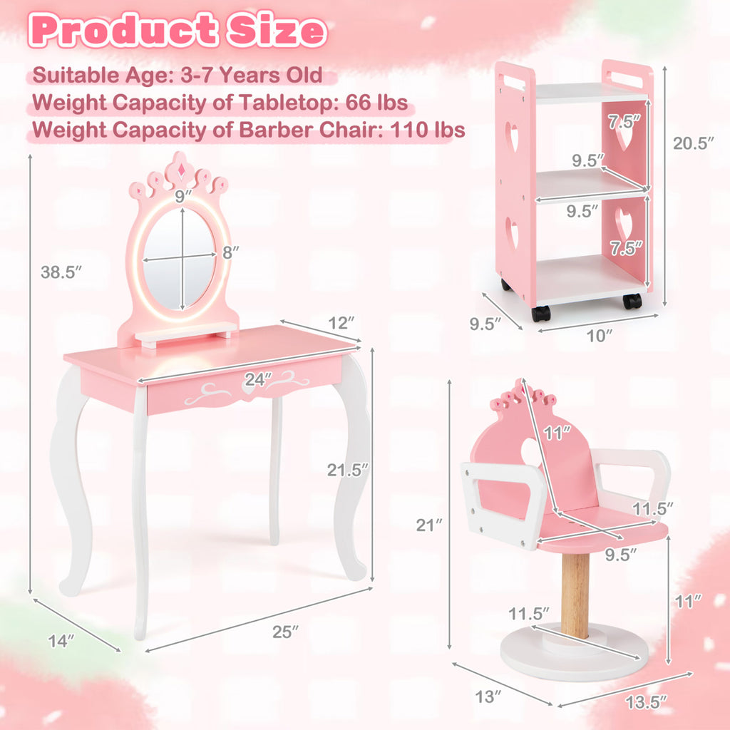 Kids Hair Salon Play Set with LED Lighted Mirror - Pink, Pretend Hairdressing Station with Swivel Chair