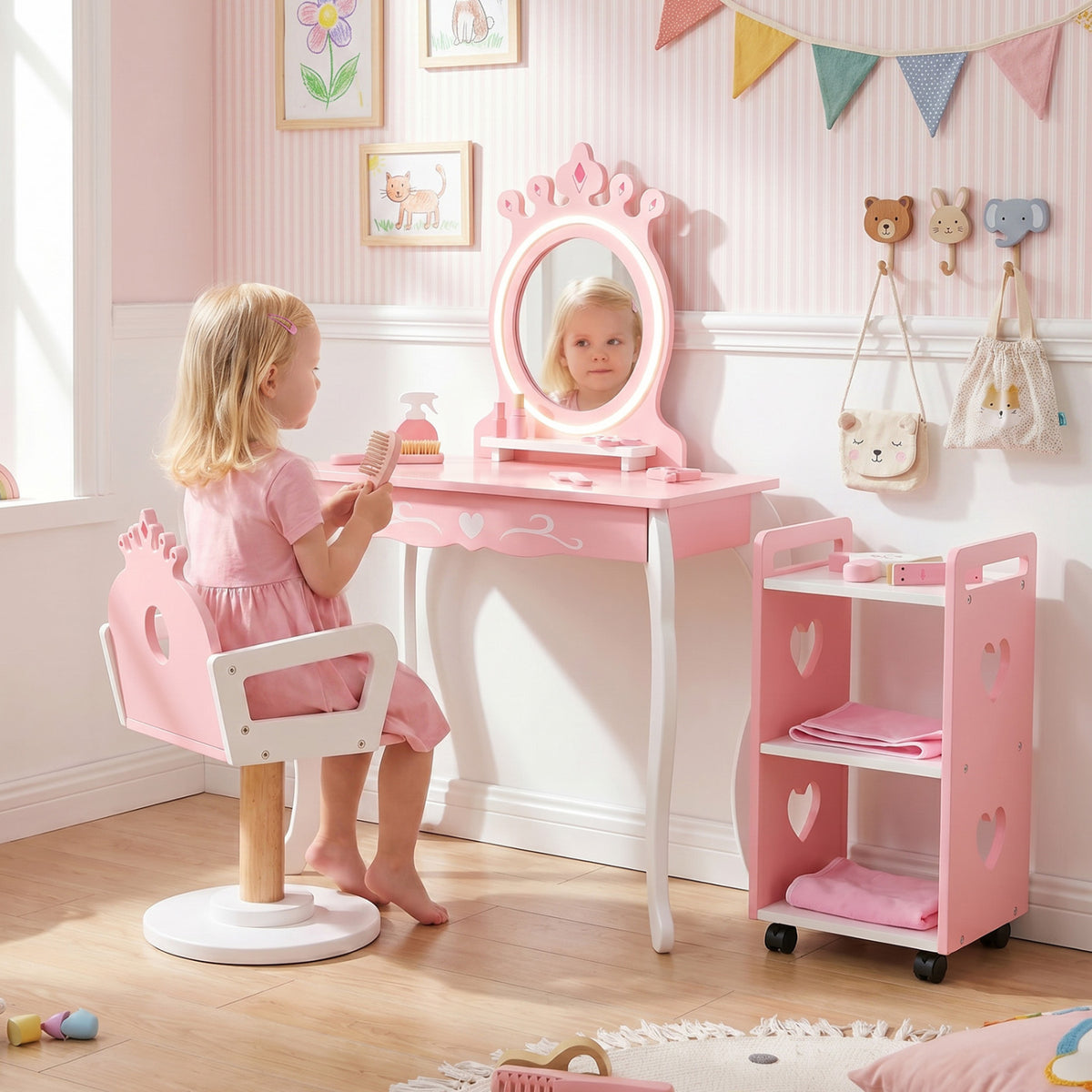 Kids Hair Salon Play Set with LED Lighted Mirror - Pink, Pretend Hairdressing Station with Swivel Chair