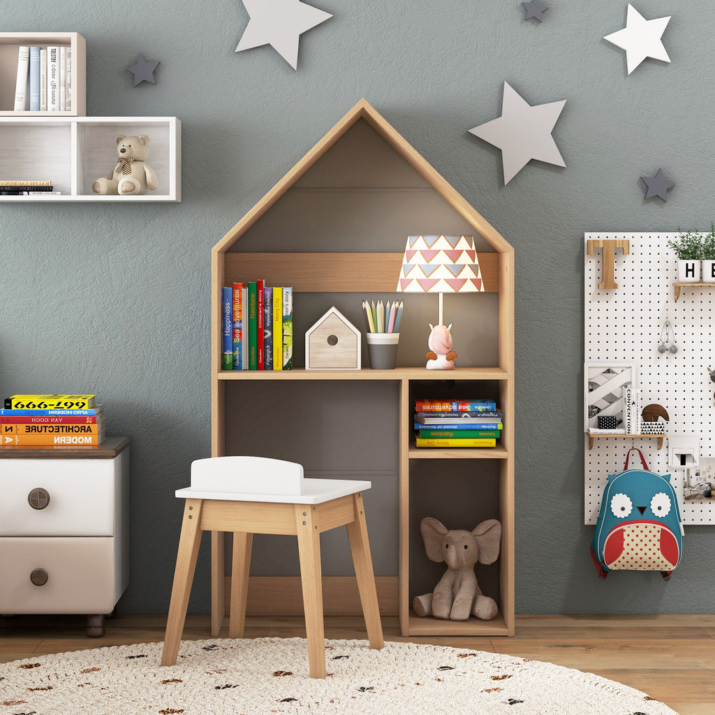 Kids House-Shaped Table and Chair Set with Storage - Gray Variation