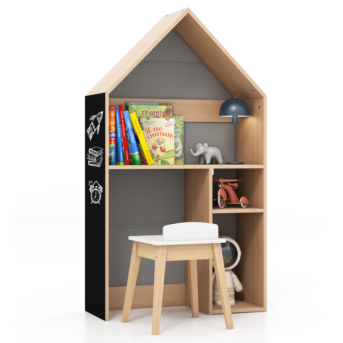 Kids House-Shaped Table and Chair Set with Storage - Gray Variation