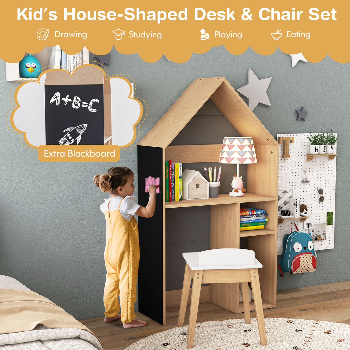 Kids House-Shaped Table and Chair Set with Storage - Gray Variation