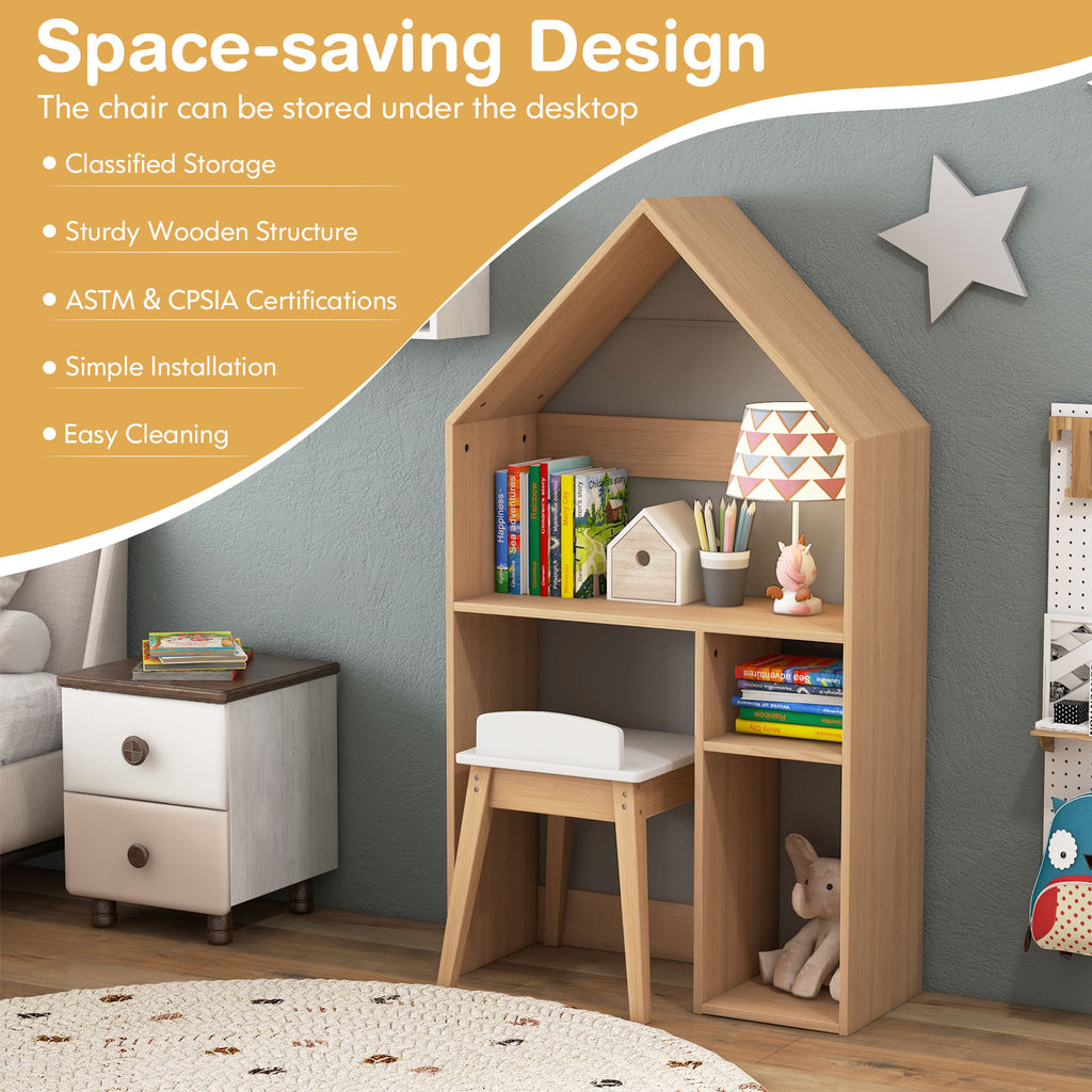 Kids House-Shaped Table and Chair Set with Storage - Gray Variation