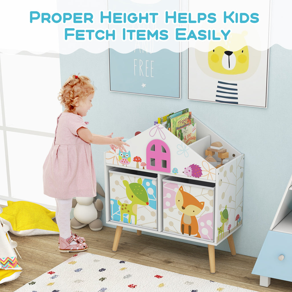 Kids House-Shaped Bookshelf with 2 Storage Bins - White Kids Room Storage