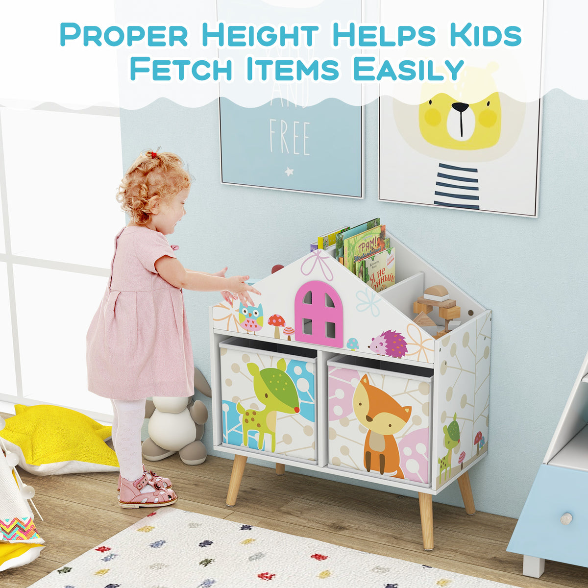 Kids House-Shaped Bookshelf with 2 Storage Bins - White Kids Room Storage