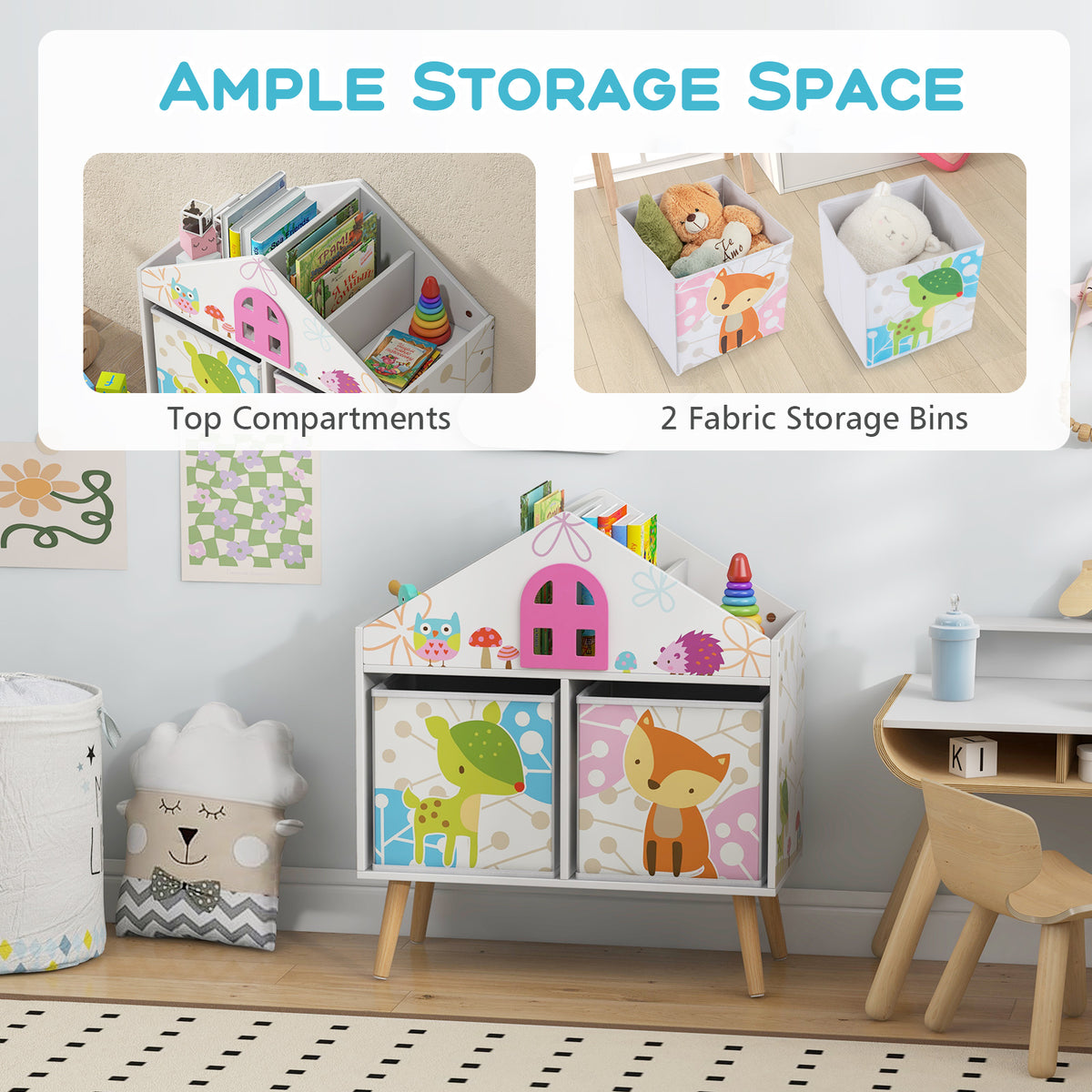 Kids House-Shaped Bookshelf with 2 Storage Bins - White Kids Room Storage