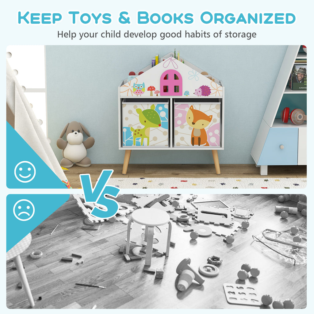 Kids House-Shaped Bookshelf with 2 Storage Bins - White Kids Room Storage