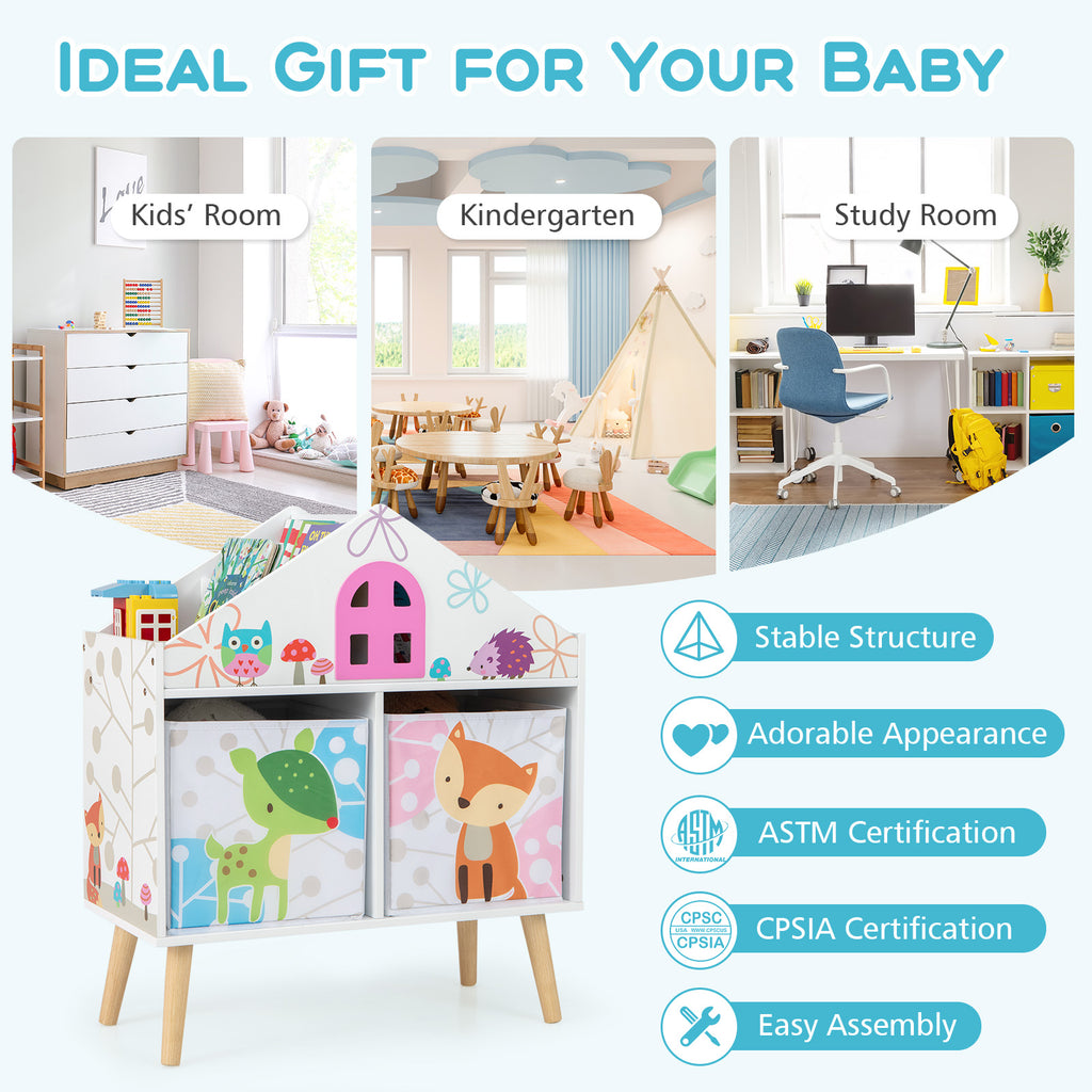 Kids House-Shaped Bookshelf with 2 Storage Bins - White Kids Room Storage
