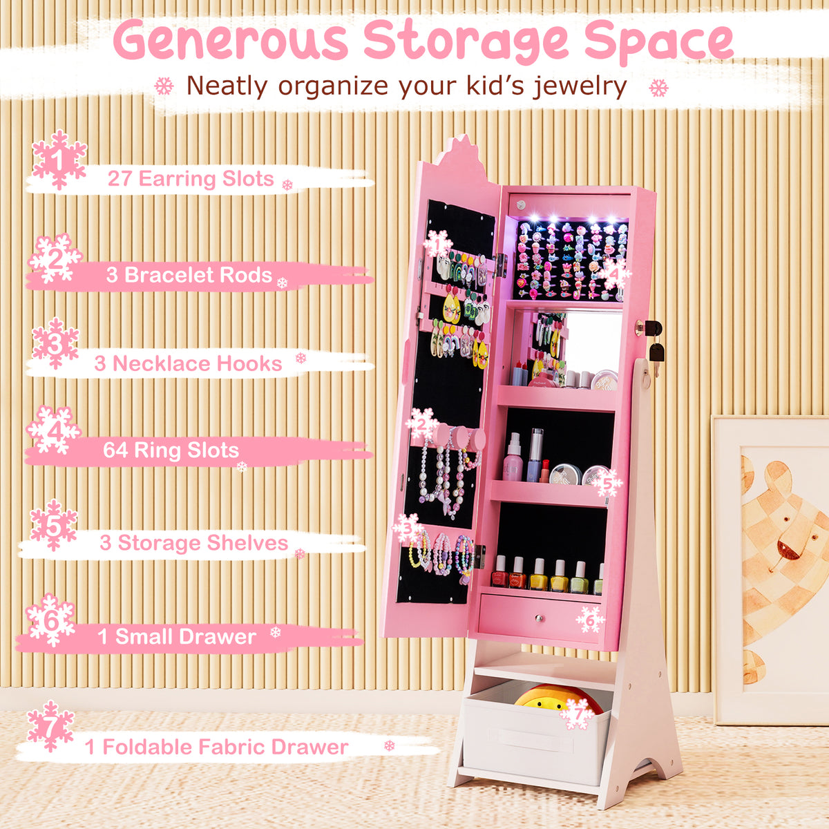 Kids Jewelry Armoire with Lighted Full-Length Mirror - Snow Pink Variation